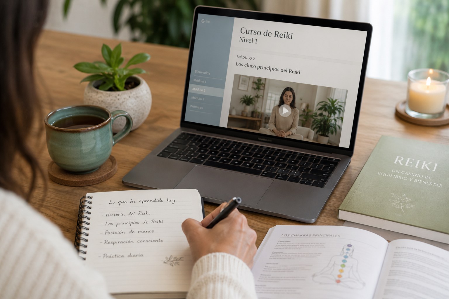 Persona estudiando un curso de Reiki online desde casa